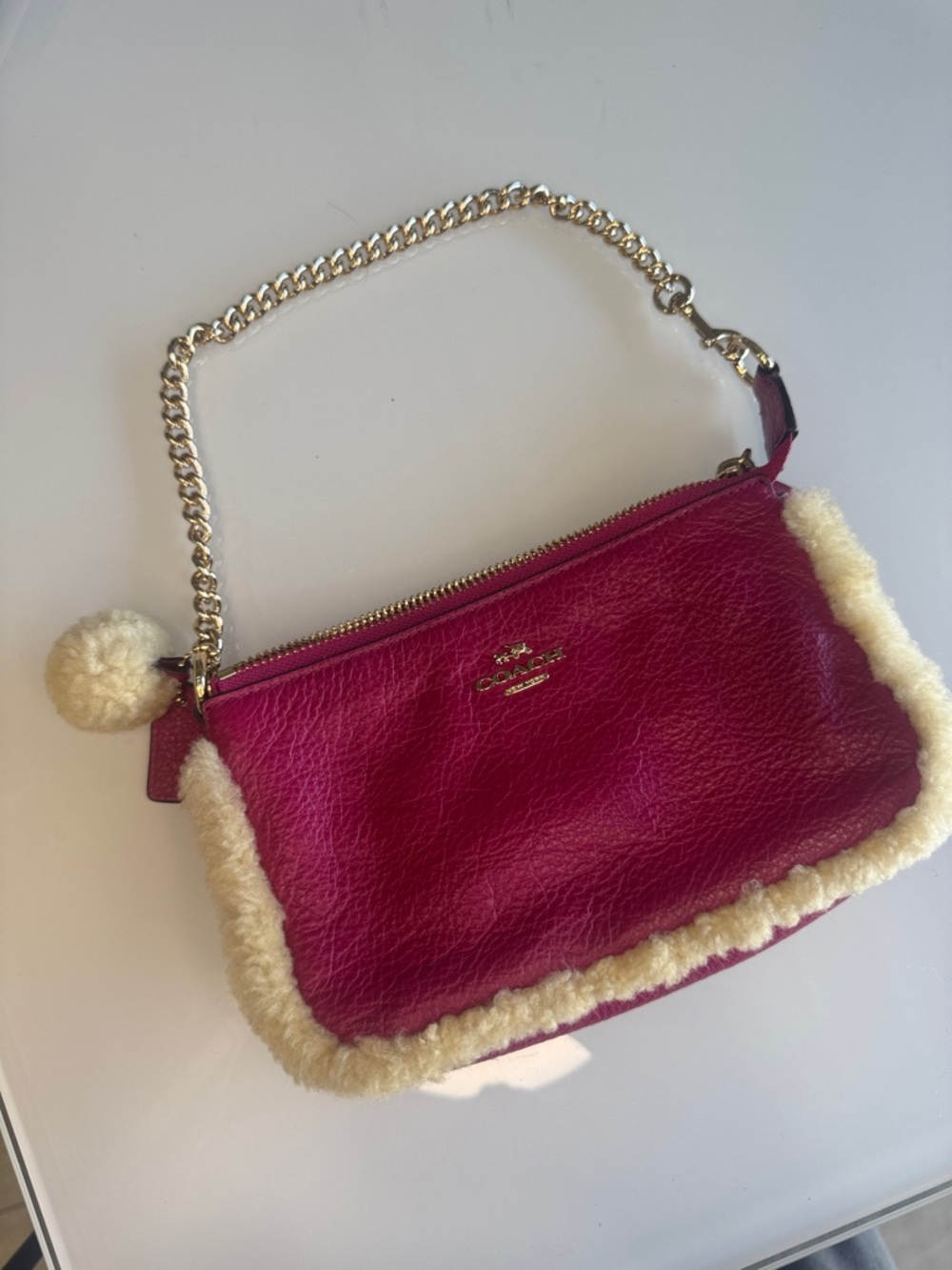 Coach Hot Pink Nolita Leather Shoulder Bag with Cream Shearling Trim